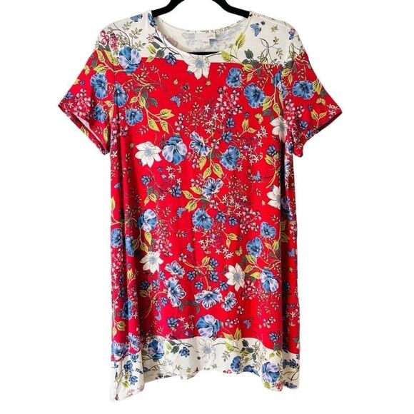 J. Jill Tops - J. Jill M placed print red white blue multi floral soft tunic short sleeve